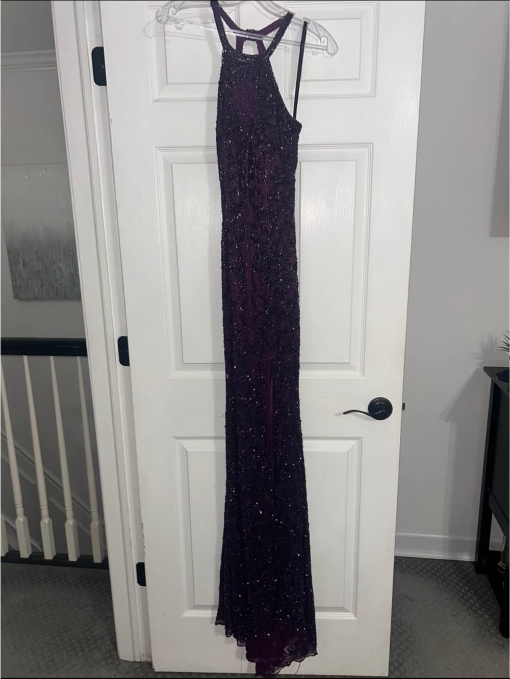 Primavera Couture Plum Beaded Halter Prom Gown